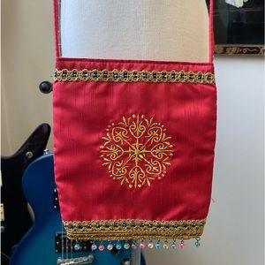 Multicolor Beaded Red Satin Gold Embroidered Crossbody Minipurse